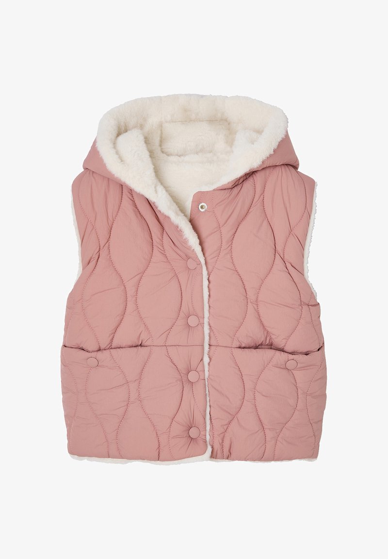 Gepolsterte Weste in sanftem Rosa, mit einem strukturierten Wellenmuster, einem weißen Kunstfell-Haubenfutter und Druckknöpfen. Ohne Ärmel, gestepptes Design.