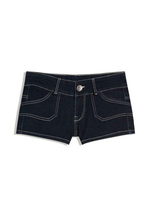 Mørkeblå denimshorts med hvide syninger, lukning med knapper foran og to forlommer mod en hvid baggrund.
