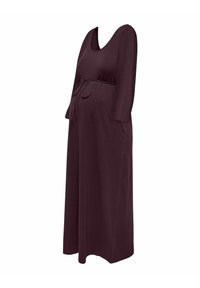 Maternitykjole i mørk burgunder, lavet af blødt stof, med rund halsudskæring, 3/4 ærmer og en justerbar snøring i taljen.