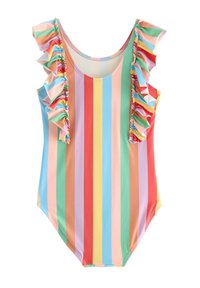 Stribet ét-styks badedragt med flerfarvede lodrette pastelfarvede striber. Flæse detaljer langs skuldrene. Blødt materiale.