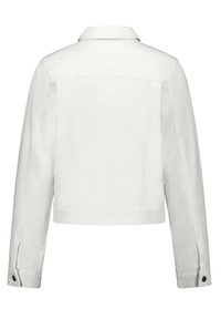 Weiße Denim-Jacke mit Kragen, langen Ärmeln und geknöpften Bündchen. Besitzt ein kurzes Design und subtile Nähte.