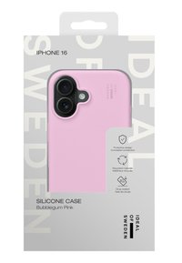 Silicone iPhone 16 case in bubblegum pink, featuring rounded edges, a smooth texture, and a protective design in eco-friendly packaging.
