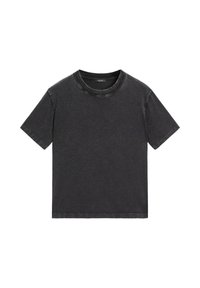 T-shirt a maniche corte e collo rotondo in tessuto denim grigio scuro. Presenta un fit rilassato con dettagli di cucitura minimi e una texture leggermente sbiadita.