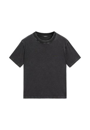 T-shirt a maniche corte e collo rotondo in tessuto denim grigio scuro. Presenta un fit rilassato con dettagli di cucitura minimi e una texture leggermente sbiadita.