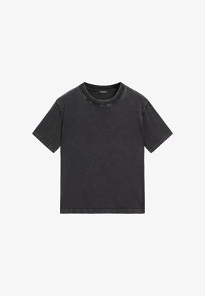 Short-sleeve, crew-neck t-shirt in dark gray denim fabric. Features a relaxed fit with minimal stitching details and a slightly faded texture.