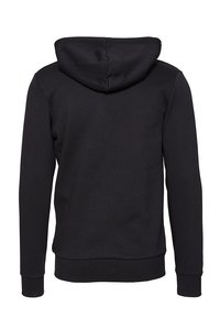 Sort hættetrøje lavet af blødt stof. Har lange ærmer, kengurulomme og ribbede manchetter og kant. Enkelt design uden mønstre.