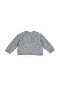 Maglione grigio lavorato a maglia, maniche lunghe, scollatura rotonda, tessuto testurizzato con un motivo mélange, dotato di polsini e orlo a costine.