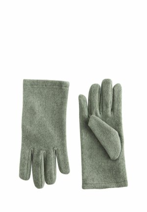 Fleecehandsker i en dæmpet grøn farve, der har en glat overflade, fem-fingerdesign med syede sømme og enkle manchetter.