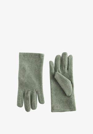 Fleece gloves in a muted green color, featuring a smooth texture, five-finger design with stitched seams, and simple cuffs.