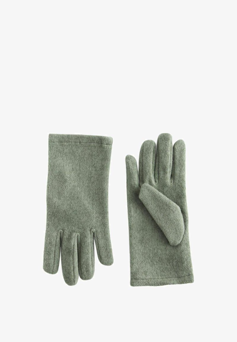 Gants en polaire de couleur verte douce, avec une texture lisse, un design à cinq doigts avec des coutures, et de simples poignets.