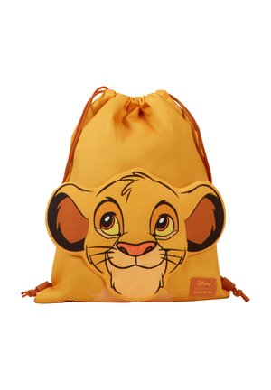 Yellow drawstring bag featuring a large smiling face of Simba from The Lion King on the front.