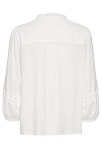 Witte linnen blouse met een gerimpelde halslijn, geplooide details op de mouwen en een losse pasvorm. Lichtgewicht en ademend materiaal.
