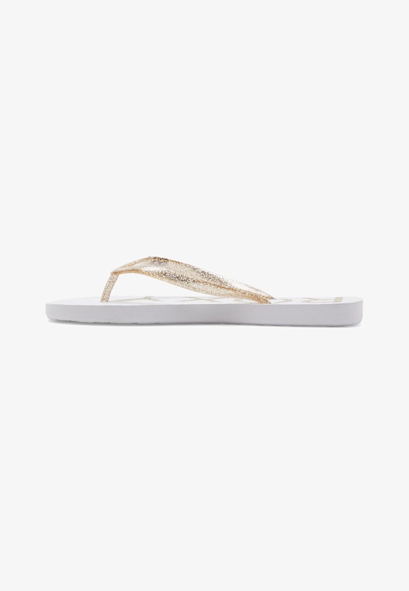 White flip-flop with glittery gold straps, flat sole, and a simple design. The straps are thin, featuring a subtle sparkle.