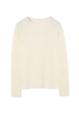 Krém színű kötött pulóver hosszú ujjal, kerek nyakkivágással, bordázott mandzsettával és szegéllyel. Puha tapintású és egyszerű dizájn.