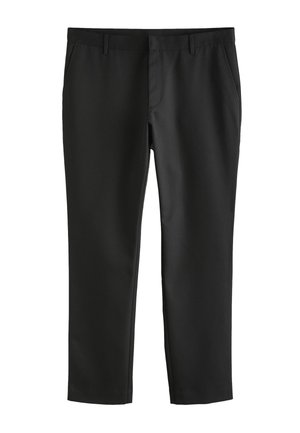 Black tailored straight-leg trousers with side pockets and belt loops, designed for formal or office wear.