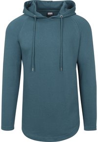 Felpa con cappuccio turchese, maniche lunghe, trama a coste e tasca a marsupio. Caratterizzata da coulisse e orlo arrotondato.