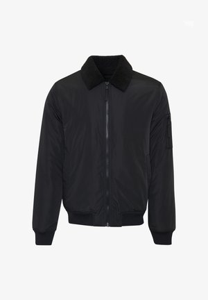 Schwarze Bomberjacke mit Schäfchenfellkragen, Reißverschluss, gerippten Bündchen und Seitentaschen; aus glattem synthetischen Material gefertigt.