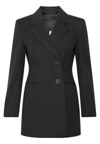 Blazer noir taillé pour femme avec revers crantés, deux boutons devant, manches longues et poches passepoilées, présenté sur un fond blanc.