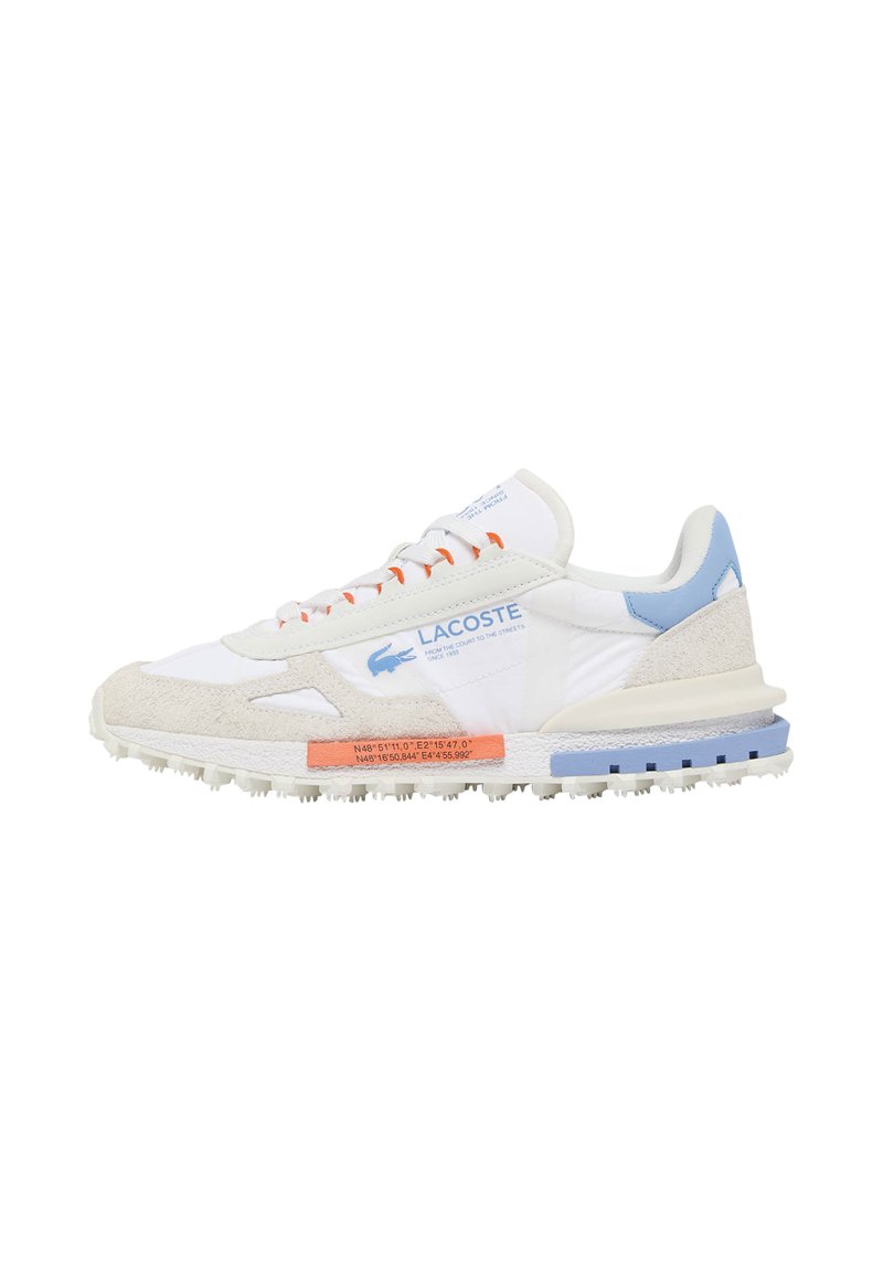 White and beige Lacoste sneaker with light blue accents, orange lace eyelets, textured sole, and blue crocodile logo on side.