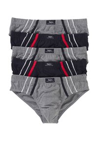 Cinque paia di boxers da uomo in grigio e nero, con dettagli a righe verticali bianche e rosse, impilati in colori alternati con etichette "bpc bonprix collection".