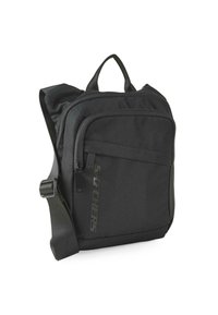 Bolso bandolera negro hecho de un tejido duradero con correa ajustable, bolsillo con cremallera en el frente y detalle del logo en el lado. Diseño compacto en forma de cuadrado.