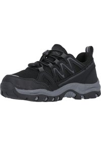 Baskets de sport noires avec une tige en mesh, semelle en caoutchouc et accents texturés. Équipées de lacets élastiques et d'une languette à l'arrière pour un enfilage facile.