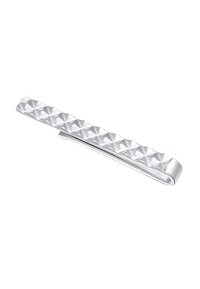 Pince à cravate en argent avec une surface texturée présentant des motifs de diamants en relief, design épuré et étroit avec une finition polie.