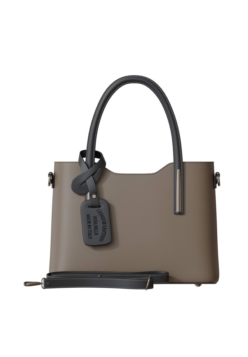 Leather tote bag in grey-brown with dual handles, a detachable strap, and a front tag detailing genuine leather, featuring smooth texture.