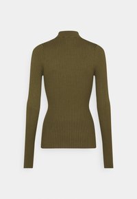 Pull turtleneck côtelé vert olive avec manches longues, présentant une coupe ajustée et un style minimaliste. Tissu texturé avec des rayures verticales.