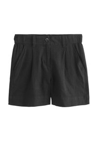 Shorts en lin noir avec une taille élastique, fermeture boutonnée et devant plissé. Possède des poches latérales et une coupe décontractée.