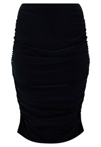 Schwarze Raffungskleid aus dehnbarem Stoff. Verfügt über eine figurbetonte Silhouette, strukturierte Details und einen knielangen Saum.