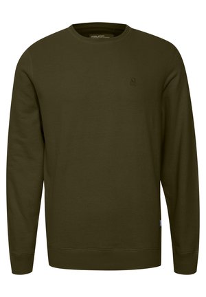 Olive green sweatshirt made of soft fabric, featuring a crew neck, ribbed cuffs and hem, with a small logo detail on the front.