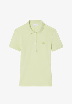 Polo à manches courtes vert clair, doté d'une patte boutonnée et d'un petit logo Lacoste brodé sur la poitrine. Confectionné en tissu texturé.