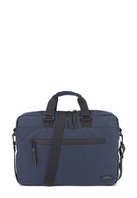 Bolso de mensajero azul marino con diseño acolchado, que cuenta con dos compartimentos con cremallera, correa de hombro ajustable y detalles en hardware negro.