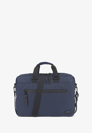 Bolso de mensajero azul marino con diseño acolchado, que cuenta con dos compartimentos con cremallera, correa de hombro ajustable y detalles en hardware negro.