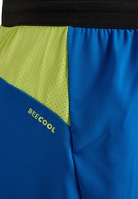 Pantalones cortos azules y verde lima con textura de malla, con una cinturilla negra y un logo "BECOOL" en amarillo en el lado.