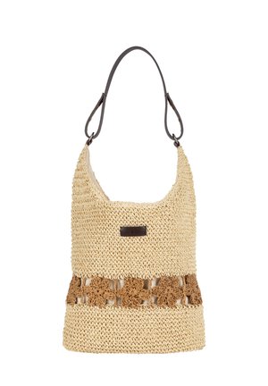 Beige woven straw shoulder bag with a black leather strap and a decorative brown floral crochet pattern near the bottom.