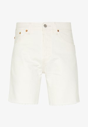 Shorts en jean blanc avec ourlet effiloché, design à cinq poches, fermeture à bouton en métal et rivets en cuivre. Texture lisse, coupe droite.