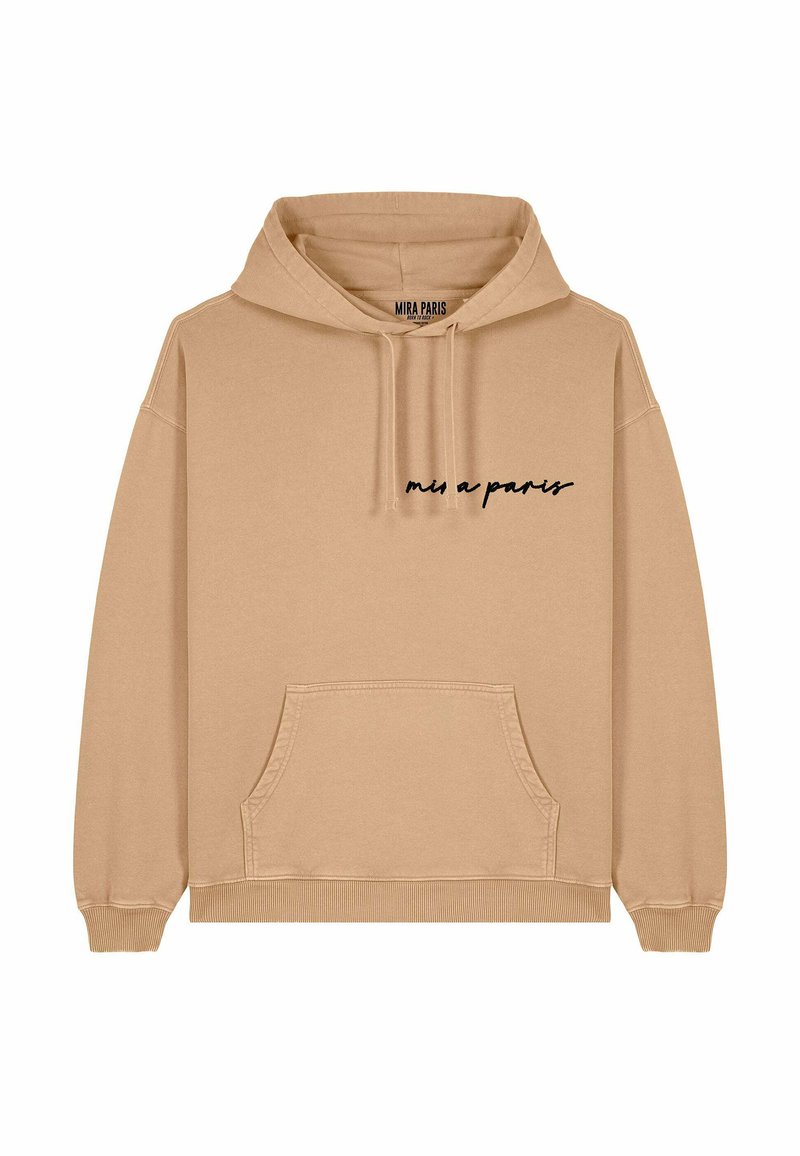 Felpa beige in cotone, con tasca frontale, polsini e orlo a costine, con la scritta "mis a paris" stampata in nero sul petto.