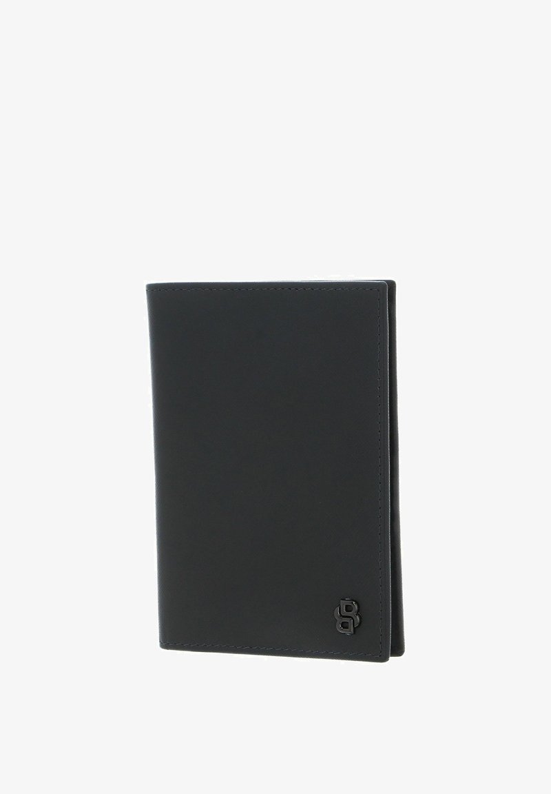 Portefeuille en cuir noir à texture lisse, de forme rectangulaire, avec des coutures discrètes. Présente un petit logo embossé dans le coin inférieur.