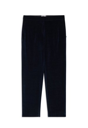 Námořnické modré sametové kalhoty s hladkou strukturou, slim fit a bočními kapsami. Mají plochý pas a rovný střih nohavic.