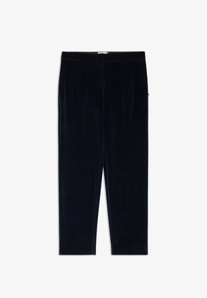 Laivastonsiniset samettihousut, joissa on sileä pinta, kapea leikkaus ja sivutaskut. Mukana litteä vyötärö ja suora lahjeluokka.