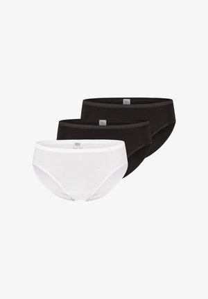 Tre par kvinders undertøj: et hvidt og to sorte. Bomuldsstof, hipster stil, glat tekstur, med et logomærke.