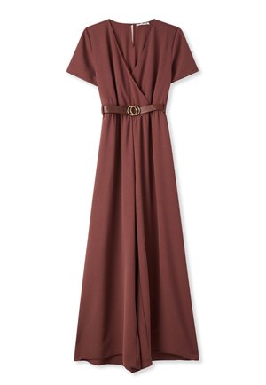 Abito lungo color malva avvolgente con maniche corte e cintura marrone con fibbia dorata a doppio anello, mostrato su sfondo bianco.