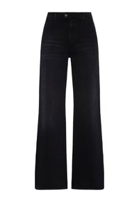 Jeans neri a gamba larga realizzati in denim con vita alta, dotati di chiusura frontale a bottone e una leggera scoloritura lungo le gambe.