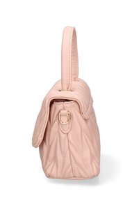 Borsa a tracolla rosa trapuntata con forma strutturata, manico superiore e dettagli in oro. Presenta cuciture verticali su una superficie liscia.