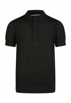 Schwarzes Polohemd mit kurzen Ärmeln, strukturiertem Stoff, dreiknöpfigem Verschluss sowie geripptem Kragen und Bündchen.