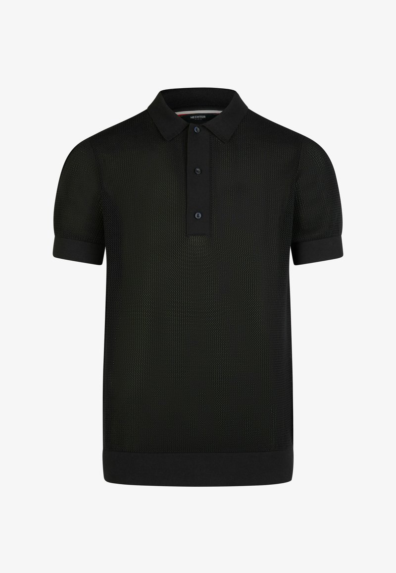 Polo à manches courtes noir en tissu texturé, avec patte à trois boutons, col et poignets côtelés.
