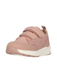Pink toddler sneaker with double Velcro straps, mesh and suede upper, and thick white sole, shown from a front-side angle.