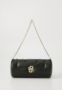 Black leather handbag with a cylindrical shape, gold chain strap, and a prominent gold logo accent on the front. Smooth texture with minimal design.